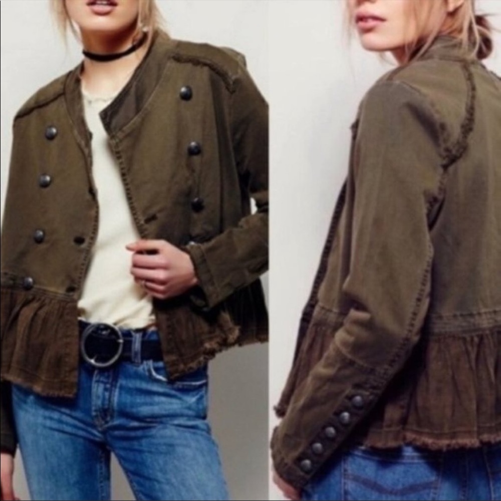 Free People | Olive Military Ruffle Peplum Jacket